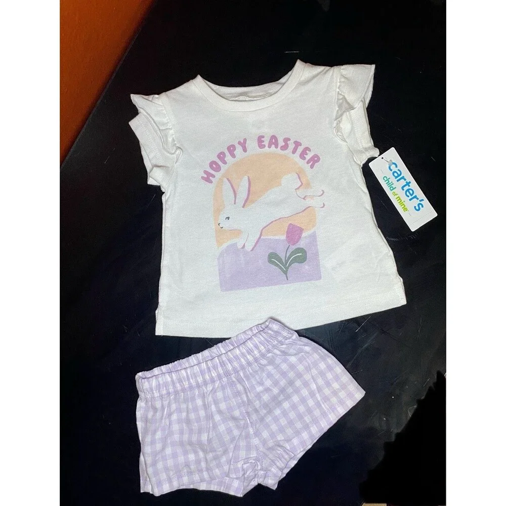 NWT Carter’s Child of Mine Baby Girl Hoppy Easter Bunny Outfit Gingham 0-3M